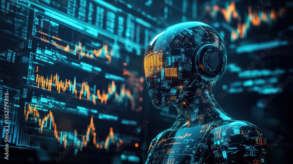 Poster technological vigilance: a cybernetic being monitors complex data visualizations, symbolizing techno