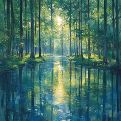 Serene Forest Reflection: Tranquil Water and Lush Greenery in Idyllic Natural Beauty