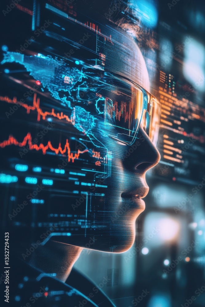 Poster digital visionary: a person wearing futuristic vr glasses, immersed in an augmented reality of data 