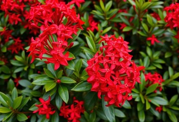 Vibrant red ixora coccinea blossoms in full bloom, lush green foliage, tropical,  ecosystem