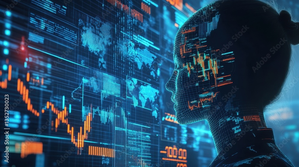 Poster silhouette of a data analyst: a female figure, immersed in a digital world of data analysis, her sil