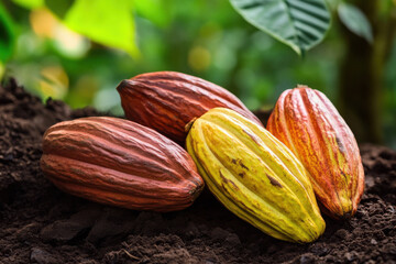 Fresh cocoa pods growing on fertile soil