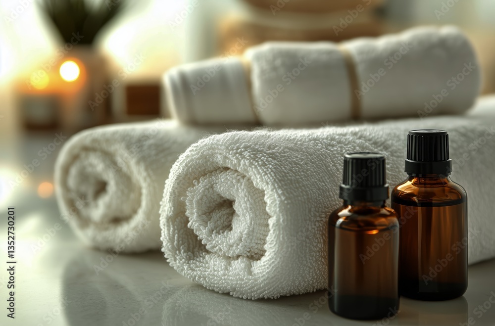 Poster relaxing spa setup with essential oils and towels in a calming atmosphere