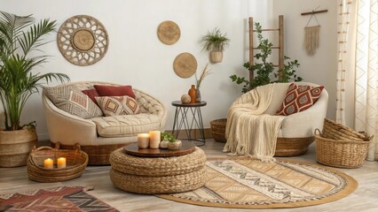 A stylish boho-inspired living room with rounded seating, textured throw pillows, and woven decor elements.