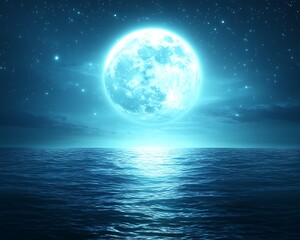 A beautiful full moon shines above a calm ocean at night