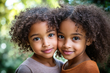 Portrait of two smiling twin sisters embracing outdoors