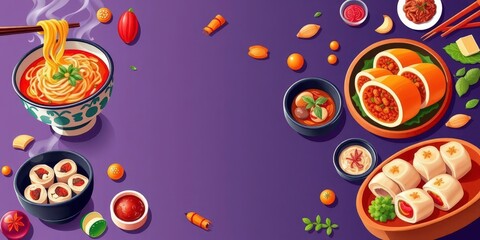 Vibrant vector graphics of ramen, sushi, dumplings, spring rolls, and other popular East Asian dishes, meal, clip art