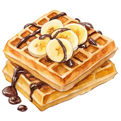 Waffles with chocolate drizzle and banana. Watercolor isolated illustration. Food illustration.