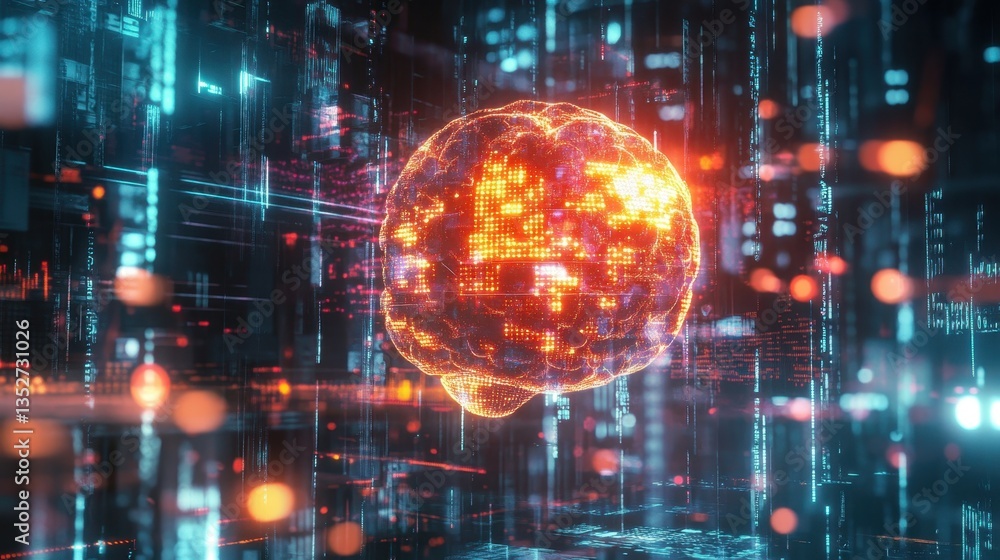 Poster brain in digital realm: a vibrant, glowing brain, seemingly alive with neural activity, floats amids