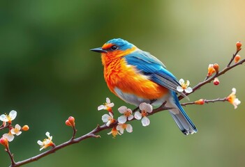 Vibrant watercolor bird, orange & blue plumage, on apricot branch with blossoms, fauna, fauna