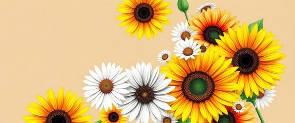 Obraz premium Vibrant watercolor sunflowers & daisies bouquet on rustic kraft paper background, invitation, nature