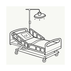 Minimal Line Art of Mobile Hospital Bed with Light – Symbol of Patient Care and Medical Facilities, Hospital Bed Icon, Patient Care Symbol, Medical Facility Vector
