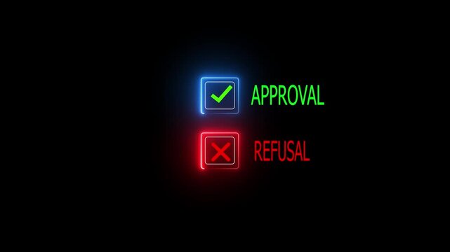 Right mark and reject mark sign animation background right, reject digital decision in corporate workflow interface, featuring modern process control, technology driven validation tools and neon line