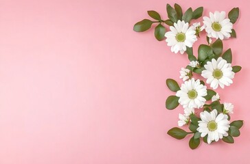 Fototapeta premium Photograph of a daisy chain on a pink background, in a flat lay style with white flowers and green leaves forming an intricate pattern along the left side border, creating a minimalist yet elegant co