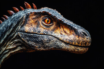 Dinosaur head with orange eye looking intensely on dark background