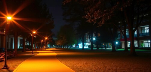 Warm light illuminates a pathway winding through a university campus at night, knowledge, night
