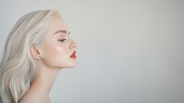 Profilansicht einer Frau mit wei&szlig;blonden Haaren und dunklem Lippenstift vor hellem Hintergrund