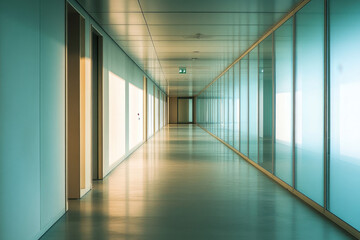Obraz premium Empty modern office corridor with glass walls and doors