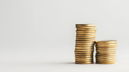 Photograph of gold coins stacked on a white background, close-up view,
