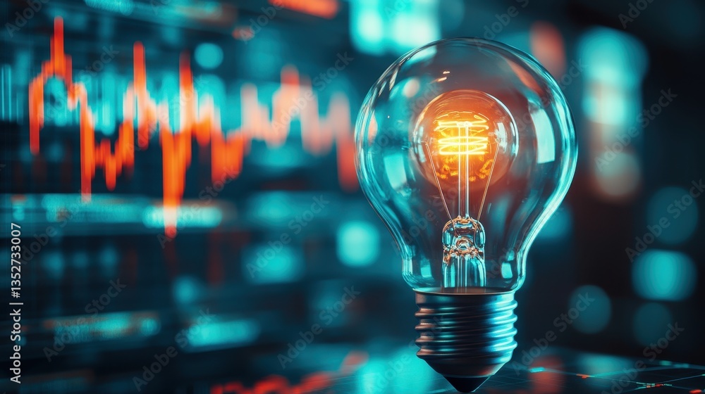 Aufkleber illuminating insights: a luminous lightbulb glows brightly against a backdrop of a dynamic stock cha