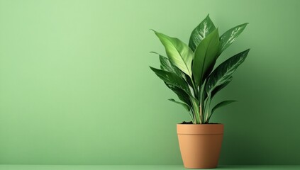 A potted plant sits against a green colored background elegantly