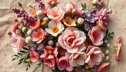 Whimsical floral bouquet, aged paper texture, enchanted forest hues, aged, gold