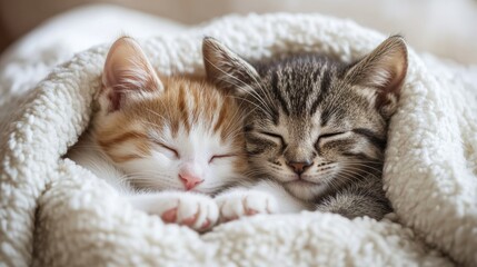 Two cute kittens cuddle together on the soft, fluffy blanket in their cozy bed, .