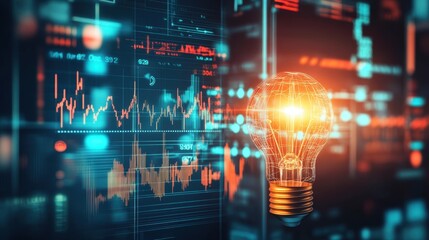 Bright Ideas: A captivating visual of a glowing light bulb, symbolizing innovation and progress, superimposed on a dynamic backdrop of stock market data and intricate graphs. 