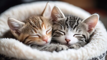 Fototapeta premium Two cute kittens cuddle together on the soft, fluffy blanket in their cozy bed, .