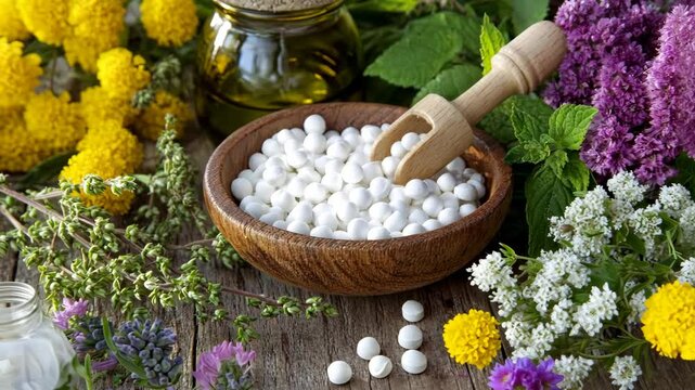 Herbal remedy preparation with homeopathic pellets surrounded by colorful flowers and natural ingredients in a rustic setting