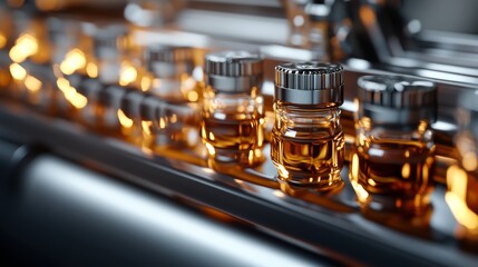 Fototapeta premium Vial medical bottle production line in an industrial factory, close-up on vials.