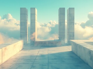 Concrete pillars and cloudscape create an abstract and surreal environment