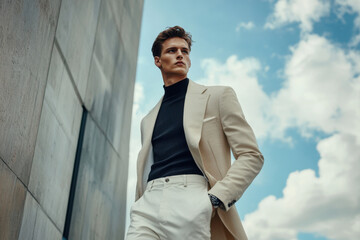 Businessman walking near modern building looking up at cloudy sky