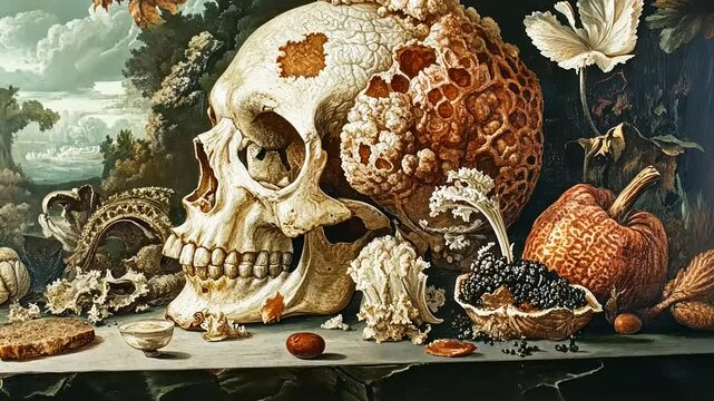 Vanitas Still Life: Skull with Fungi and Decaying Fruits