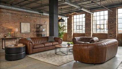 Naklejka premium A stylish urban loft with raw industrial textures blended with smooth, curved leather furniture.