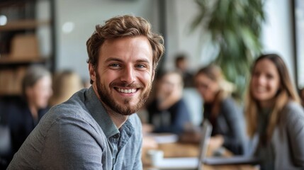 Fototapeta premium Young businessman smiling and looking at the camera while sitting in front of a group or team during a conference.