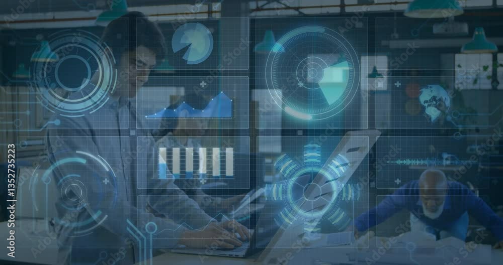 Aufkleber using animation, business professionals analyzing futuristic data graphics in office