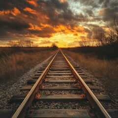 Obraz premium Golden sunset over railway tracks in a tranquil landscape during early evening hours