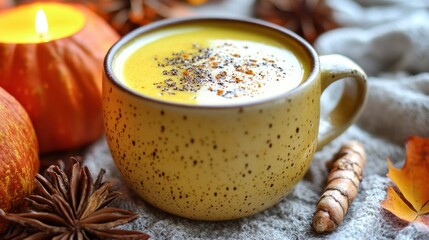 Autumnal drink. Cup of golden latte with spices, near candle, on knit cloth