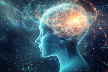 Human brain glowing and connecting with universe in profile view