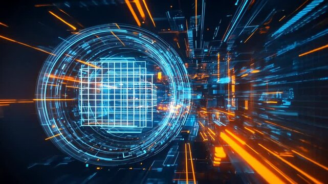 Digital interface grid motion with orange and blue acceleration streaks. Data technology concept