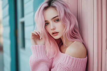 Fototapeta premium Influencer with pink hair posing near a pink wall