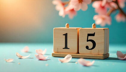 April 15th. Tax Day. Image of april 15 wooden color calendar on blue background.  Spring day, empty space for text, created with generative ai