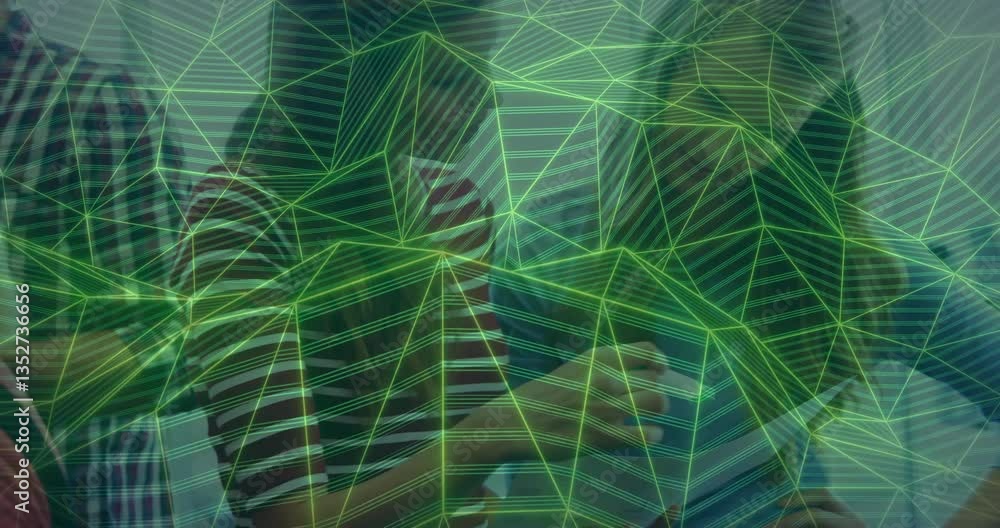 Poster animation of green geometric lines forming abstract pattern over blurred background