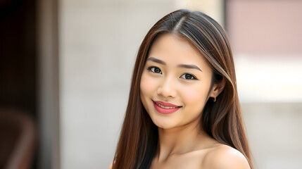 PNG A beautiful South East Asian woman with long brown straight hair photography strapless portrait.