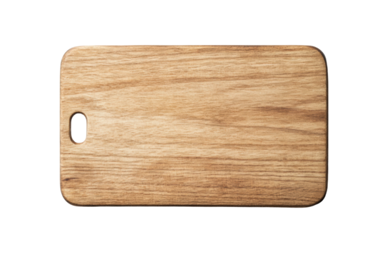 Rectangular wooden cutting board with handle on black background, cut out