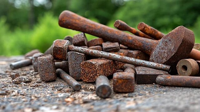 Rusty metal tools scattered on a weathered surface in a green outdoor setting