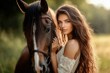 Fototapeta premium Beautiful woman embracing her horse in golden sunlight at sunset in nature