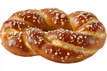 Fototapeta premium Freshly baked soft pretzel sprinkled with coarse salt on white background