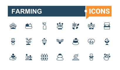 Farming related icon set. Includes symbols for grow, ecology, plant, eco, nature, gardening, tree and more. Planting simple icon. Outline icons collection. Editable vector. Pixel perfect.